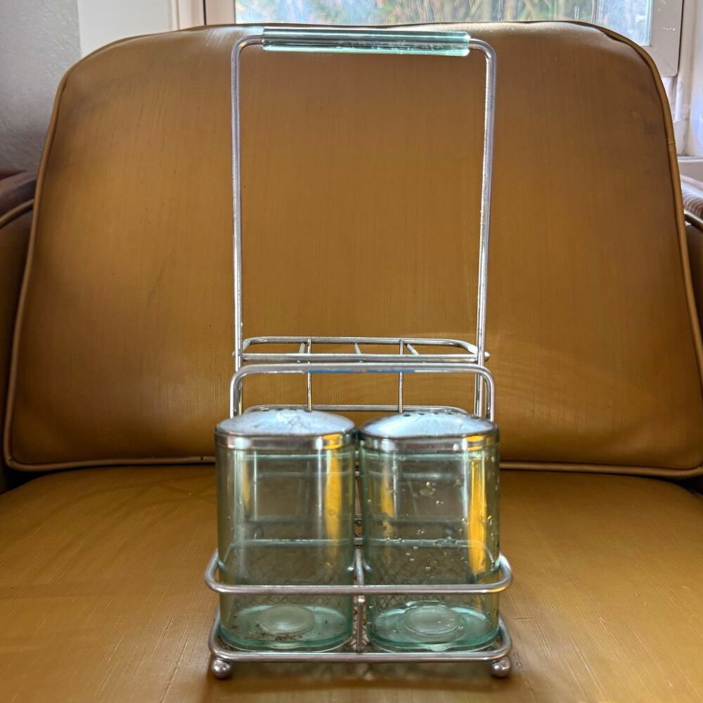 Vintage Silver Metal Condiment Caddy Rack w/ Handle, 3-Tier, 3 Compartments